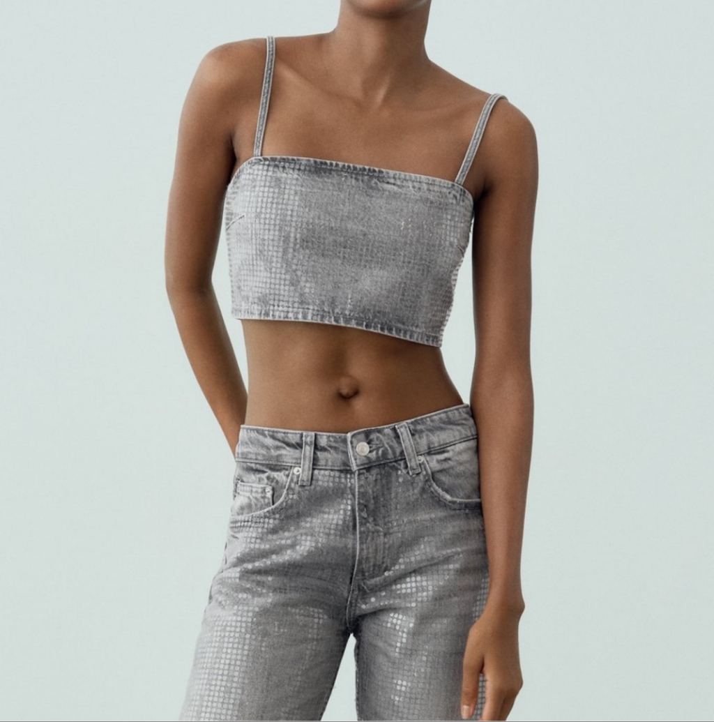 Zara | Women's Grey Trf Sequined Fil Denim Crop Top Nwot